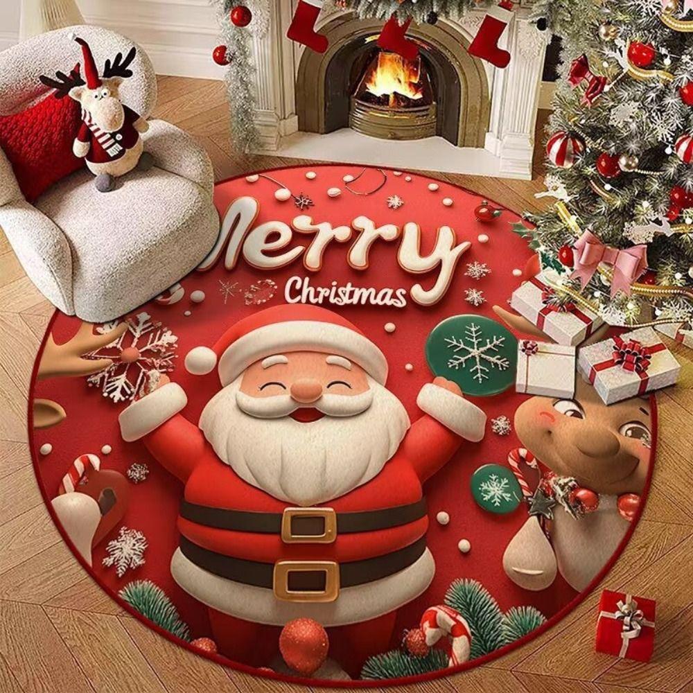 Santa Claus Polyester Christmas Round Mat Snowflake Print Snowman Cartoon Round Rug Anti-Slip Round Carpet Home Decor
