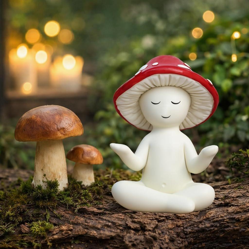 Cute Meditation Sitting Yoga Mushroom Tabletop Decoration for Home and Living Room, Resin Craftwork.