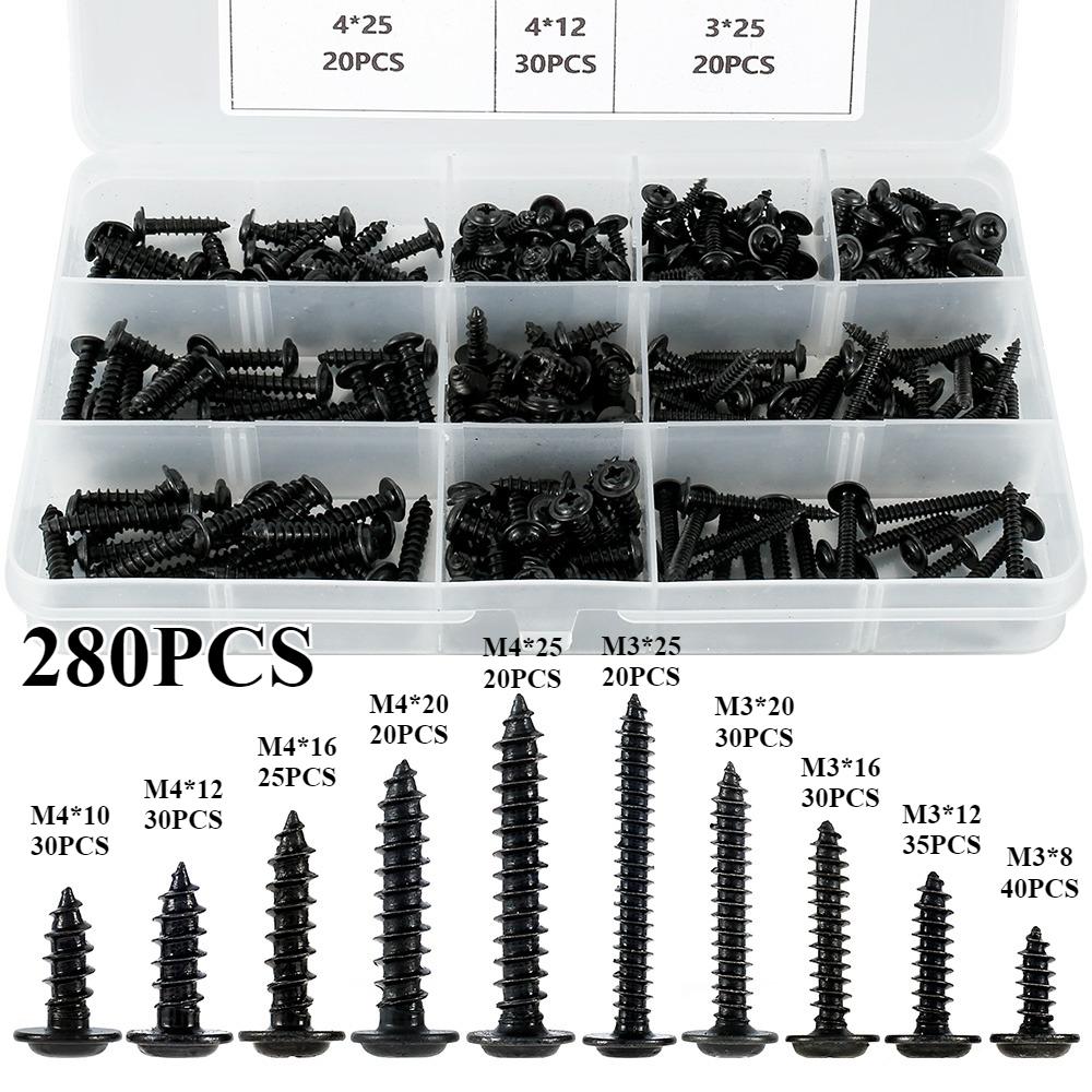 500/280Pcs M3/M4 Screws Black Self Tapping Screws Pan Head Cross Self Drilling Wood Screw Assortment Kit Carbon Steel Screws