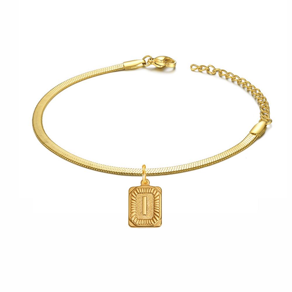 Punk Initial Letter Square Charm Bracelet Female Gold Color Stainless Steel 3mm Flat Snake Chain Link Bracelet for Women Jewelry