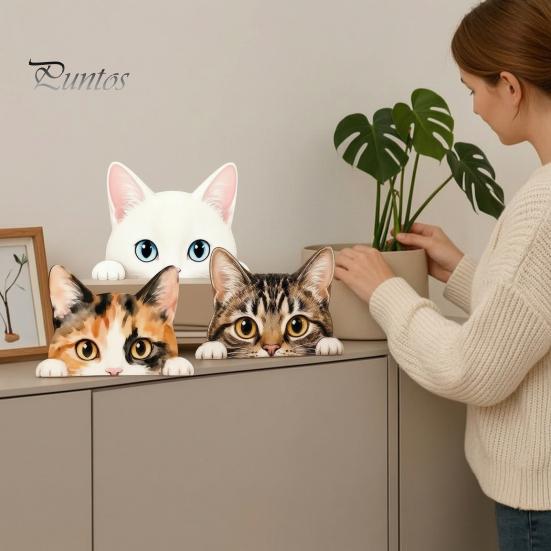 Accesorios de Escritorio para Oficina en Casa, Adorno de Gato Lindo Sentado en Estante, Figura de Gatito de Madera Mirando Curiosamente, Estatua Realista Decorativa Plana 2D para Escritorios