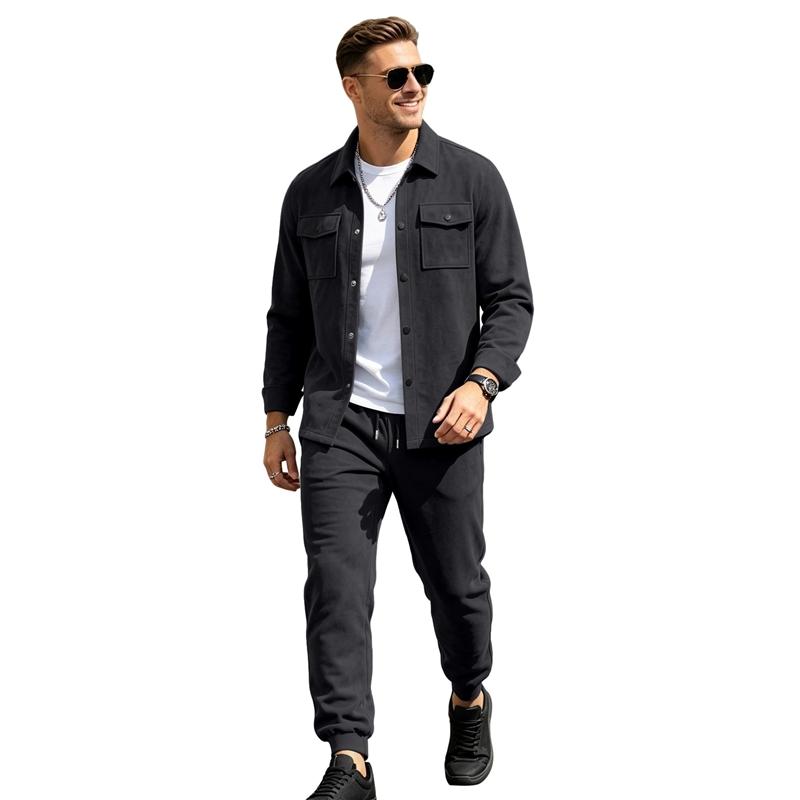 Autumn Men Solid Color Two Piece Suit Lapel Collar Button Shacket Suede Jacket Elastic Drawstring Jogger Pants Casual Streetwear Matching Tracksuit S