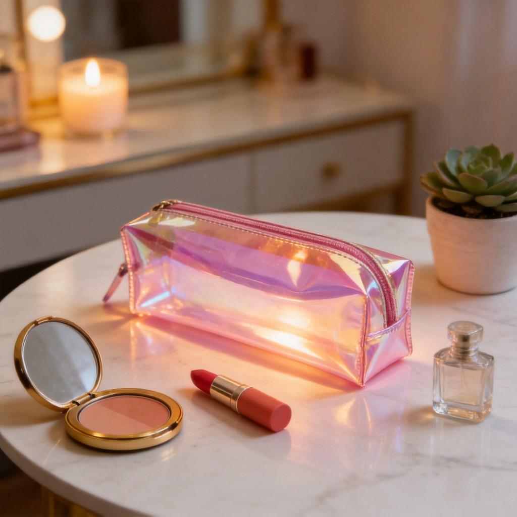 Laser Rainbow Transparent Pvc Pencil Case With Zipper Closure For Travel And Office Organization