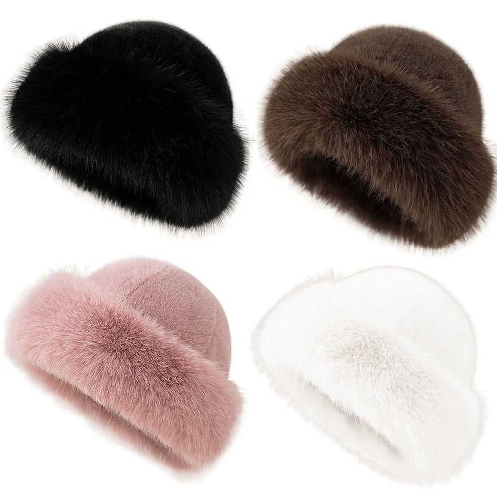 Solid Color Fluffy Fur Bucket Hat Imitation Mink Fur Winter Beanies Hat Cold Weather