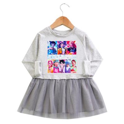 K-pop Monster Hunter Girls' Ruffle Mesh Dress - Long Sleeve Cartoon Princess Skirt
