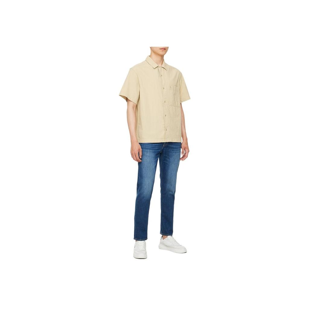 Calvin Klein Casual Minimalist Embroidered Pocket Pleated Cotton Short Sleeve Shirt Men shirts Khaki J325603