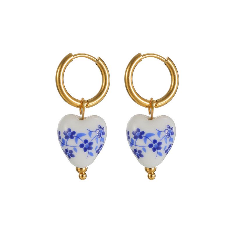 Blue & White Porcelain Heart Earrings - Stainless Steel, High-End Ceramic Series