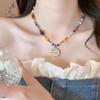 Colorful Stone Beaded Stainless Steel Pendant Necklace - Vintage Ethnic Clavicle Chain