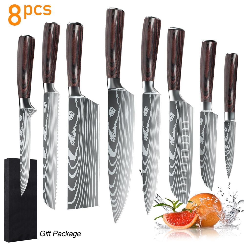 8/10pcs Gift Japanese Kitchen Knives Set Laser Damascus Pattern Chef Knife High Carbon Stainless Steel Sharp Fruit Slicing Knife