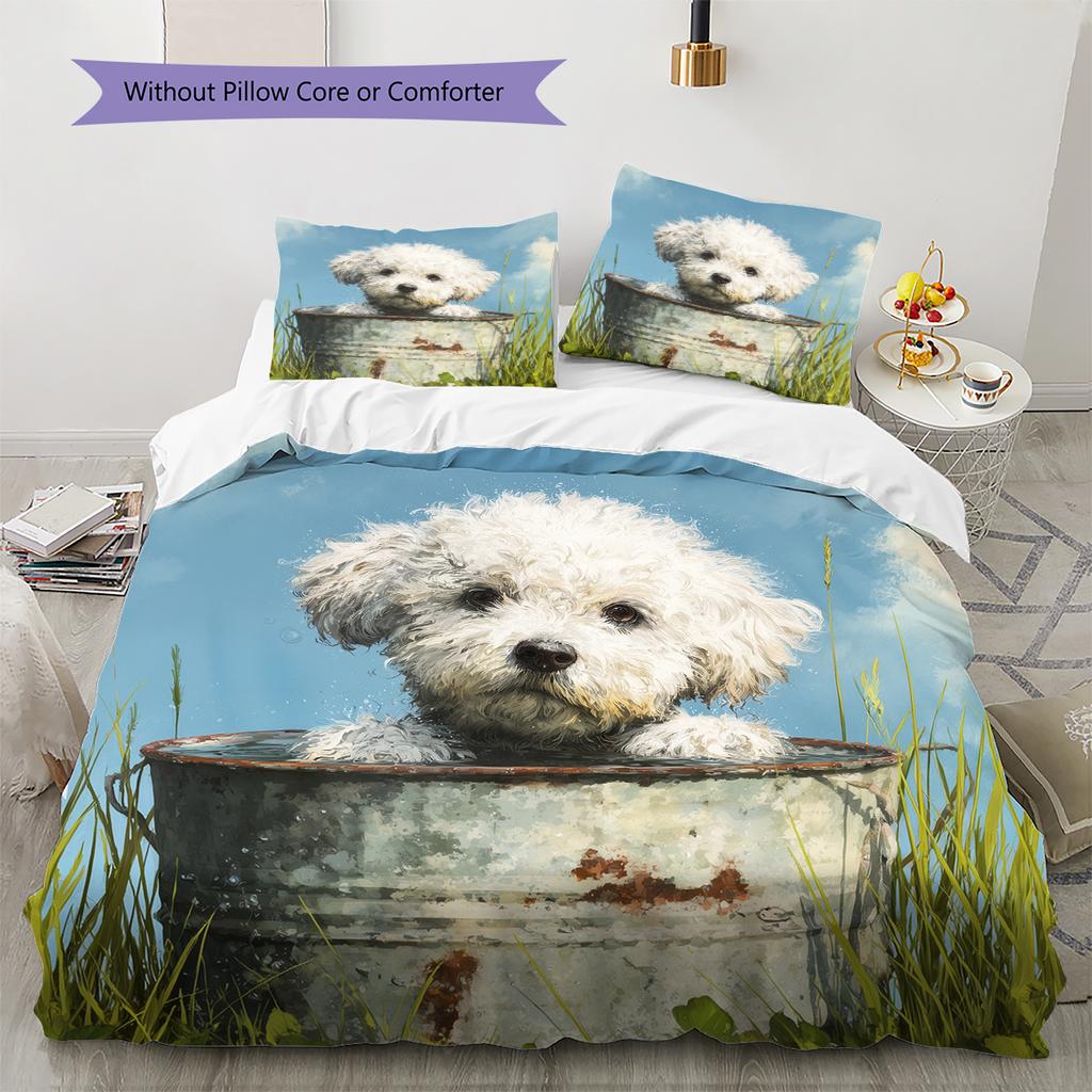 Cute Bichon Pattern Bedding Home Decoration Birthday Gift (1 * duvet cover + 2 * pillowcase, without core)