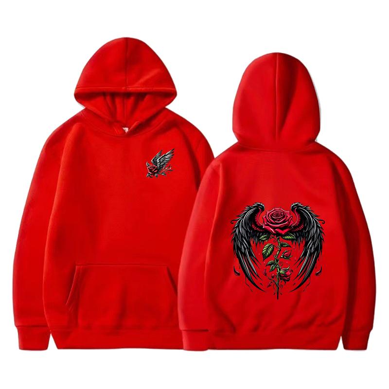 Rose wing pattern printed hoodie fashion trend brand autumn and winter loose hoodie Y2K hip-hop street wear men's and women's pu