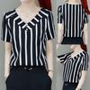 Lady Fashion Women Vintage Stripe Print V-Neck Floral Short Sleeves Top Blouse