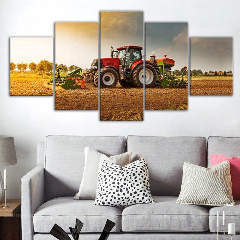 

5 Pieces Wall Art Canvas Artwork Red Tractor Harvester On Farm Picture Print Home Decor HD Poster Painting Living Room 20X35 20X45 20X55CM