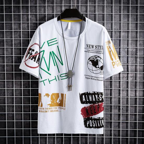 Men Summer T-shirt Hip Hop Round Neck Short Sleeves Breathable Individual Match Pants Loose Letter Print Men Summer Top Men Clothes