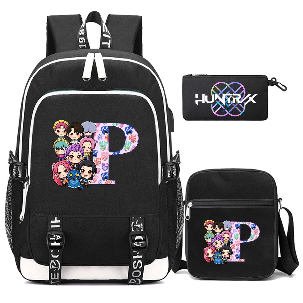 3Pcs/set 26 English Letter Kpop Printed Backpack with Shoulder Bag Pencil Case for Teenager Girl Boy Bookbag Large Capacity Waterproof Travel Bag