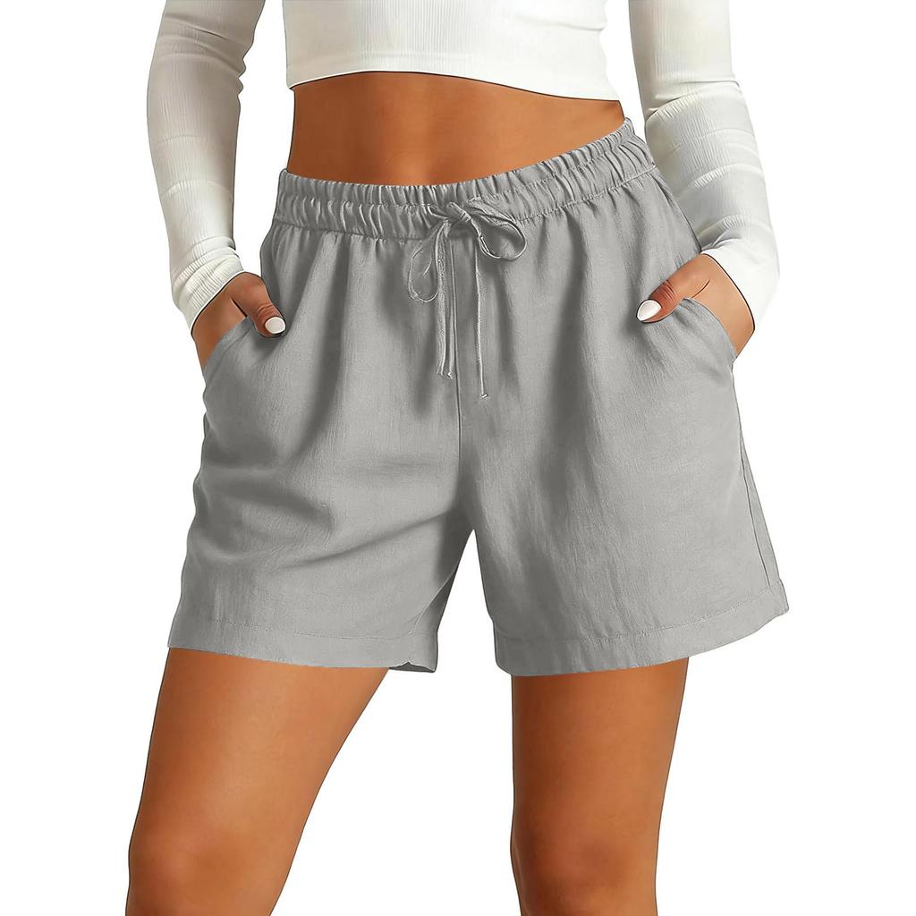 Pantaloncini Casual da Donna con Vita Elastica e Coulisse con Tasche, Vestibilità Rilassata, Leggeri, in Lino, Estivi