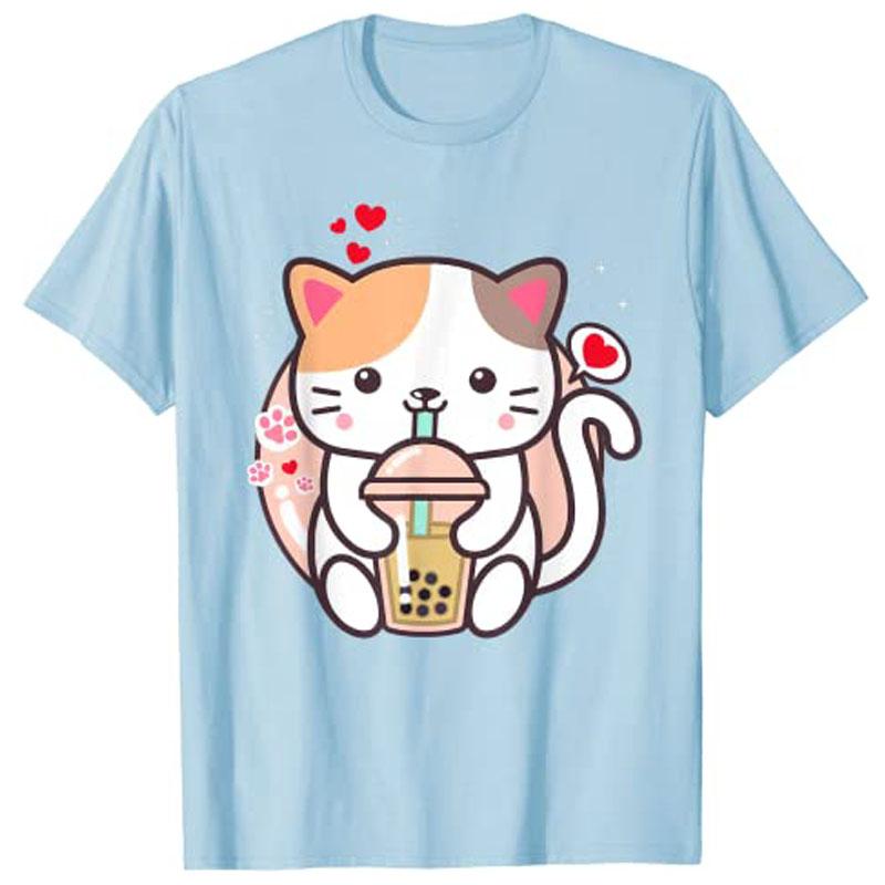 Cat Boba Tea BubbleTea Kawaii Anime Japanese Neko Girl Teen TShirt Y2k Cute Cartoon Unisexga Graphic Clothes Novelty Personality