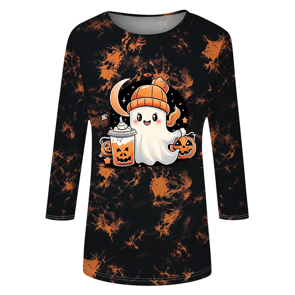 Women's Casual Three-Quarter Sleeve Neck T-Shirt with Halloween Print
