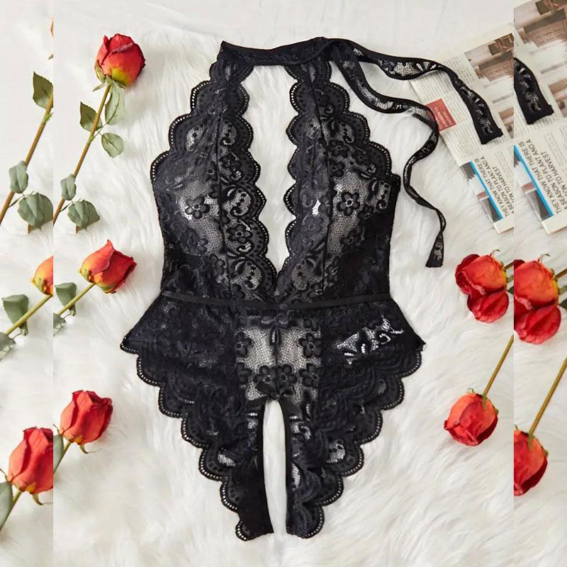 Sleeveless Lace Hollow Bra Set Transparent Sexy Crotchless Lingerie Erotic Costumes Deep V Open Bra Woman Sexy Underwear Set