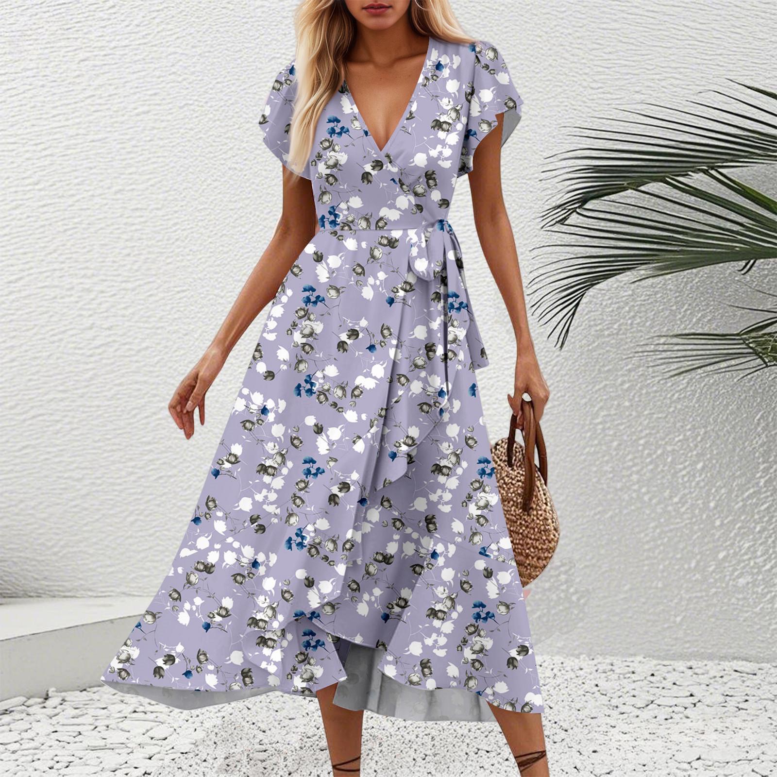 

Женские платья с V-образным вырезом, приталенным цветочным принтом и коротким рукавом XL фиолетовый