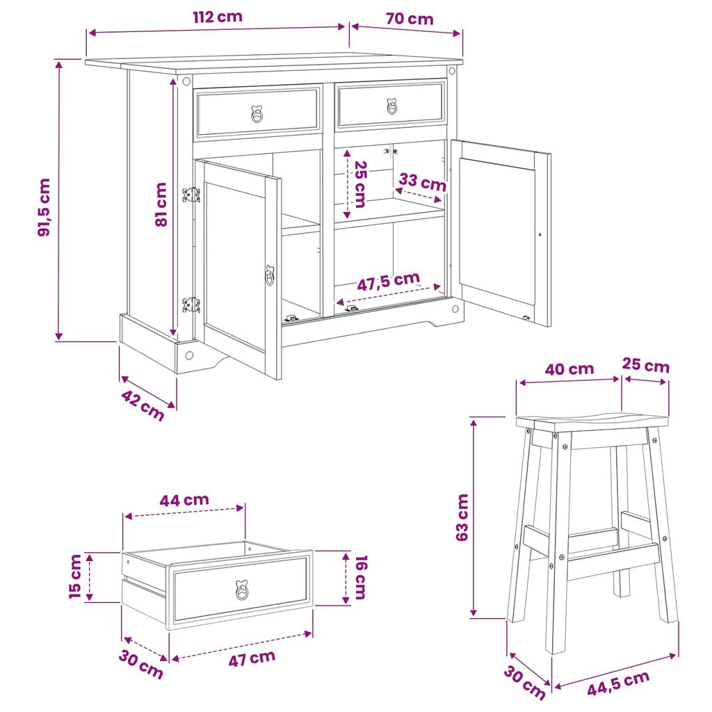 Conjunto de Ilha de Cozinha 3 Peças CORONA Cera de Mel 112 x 70 x 91,5 cm