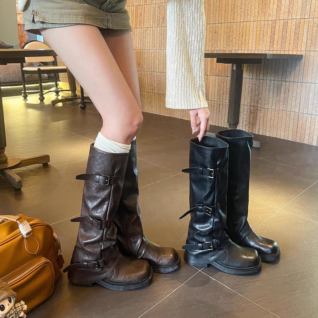 [Factory making goods] Thick-soled trouser tube boots, women's knight boots, children's long boots, thick heel buckle belt, medium tube stacking boots