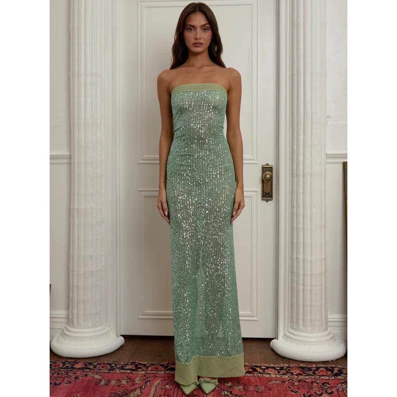 Mozision Pailletten Trägerloses Hochgeschlitztes Sexy Maxi Kleid Damen Elegant Schulterfrei Ärmellos Rückenfrei Glitzer Bodenlanges Kleid