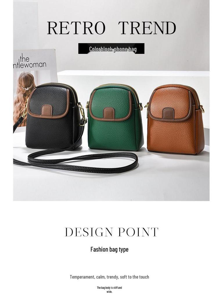 2025 Summer Korean Style Lychee Color Block Phone Crossbody Bag