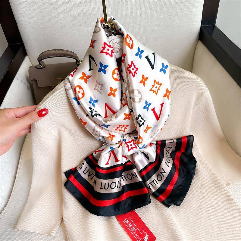 Color Letter Silk Scarf Light Luxury Fashion Scarf Simulation Silk Large Size Shawl Silk Scarf Women