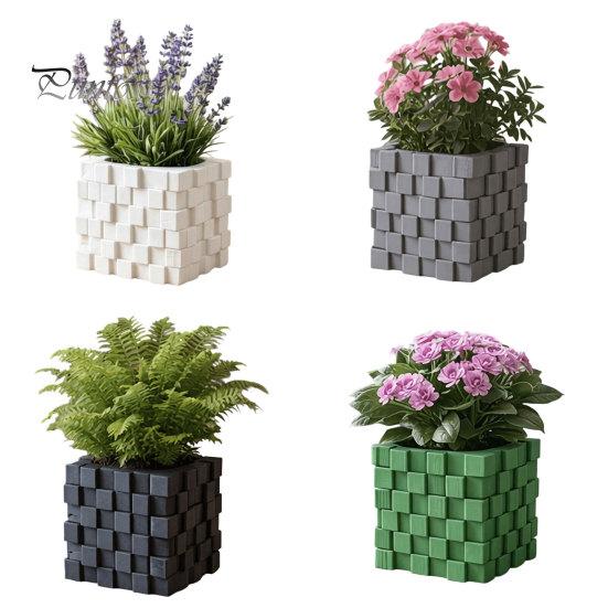 Trendy Home Decor 3D Printed Pixel Cube Planter, Grid Spliced Decor, Retro Geometric Ornament, Matte Square Texture Decoration Breathable Structure,