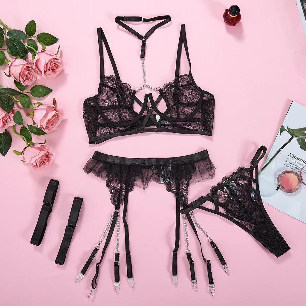 Europejski i Amerykański Styl Damski Seksowny Jesienno-Zimowy Zestaw Bielizny z Metalowym Łańcuszkiem - Trzyczęściowa Kolekcja Hot Girl