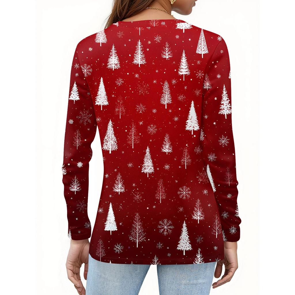 Women's Fashion Casual Christmas Printed Round Neck Long Sleeve Pullover Top