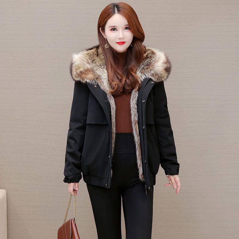 Winter Women's Parka Faux Mink Inner Detachable Short Faux Fur Coat Thick Warm Hooded Parka