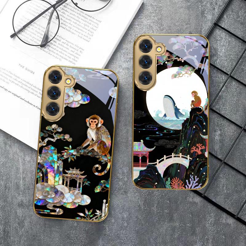 Fantasy Rainbow Pine For Samsung Galaxy S26 S20 FE S21 S22 S23 Plus S24 Ultra S25Ultra S21+  S22Plus Golden glass phone case