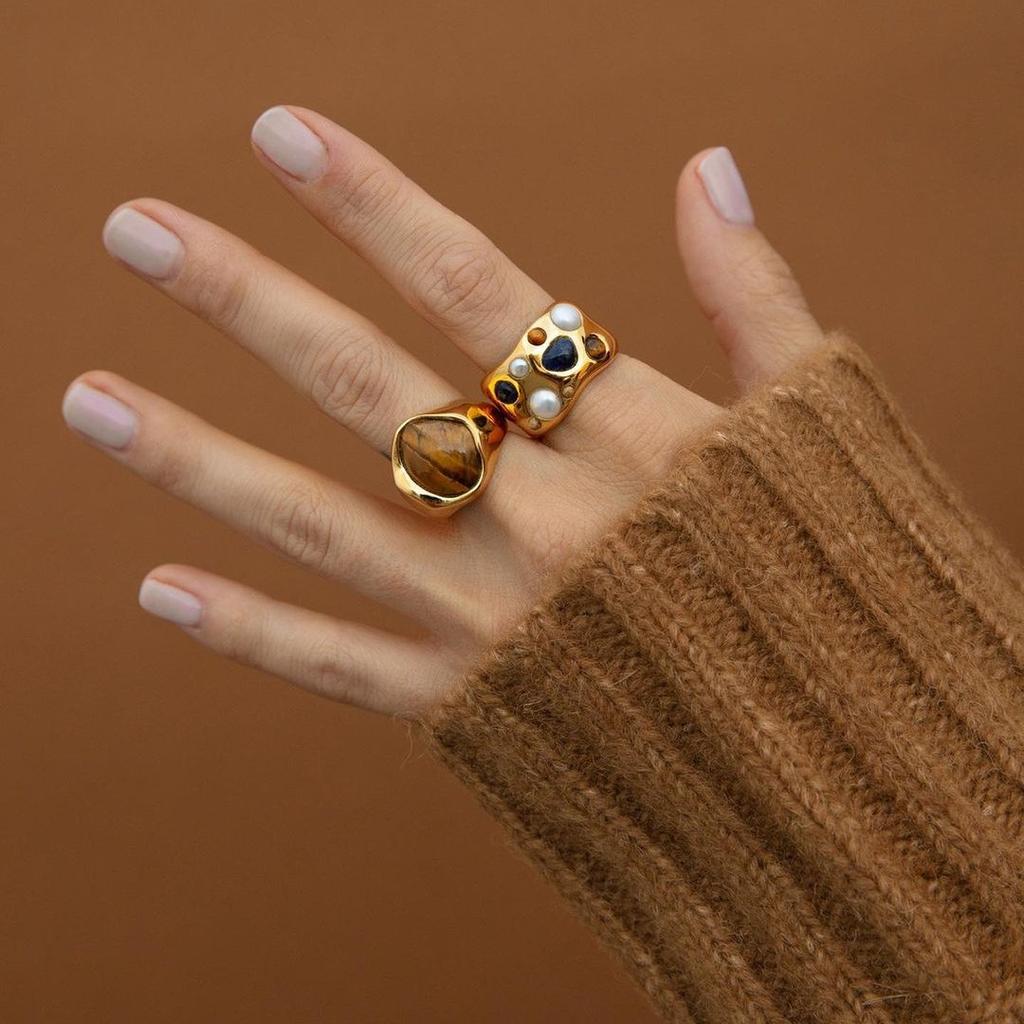 Maillard Style Medieval Store Jewelry Natural Tiger Eye Gem Ring Women'S Retro Niche Design Gold Ring