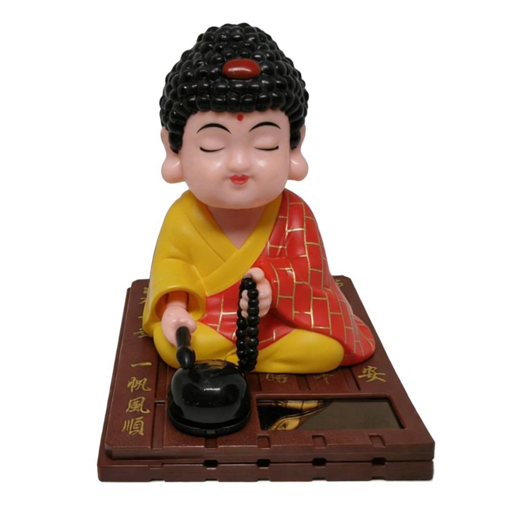 Solar Powered Buddha Car Ornament Nodding Motion Round Base Wooden Fish Figure Square Base Knocking Reciting Buddha Statue