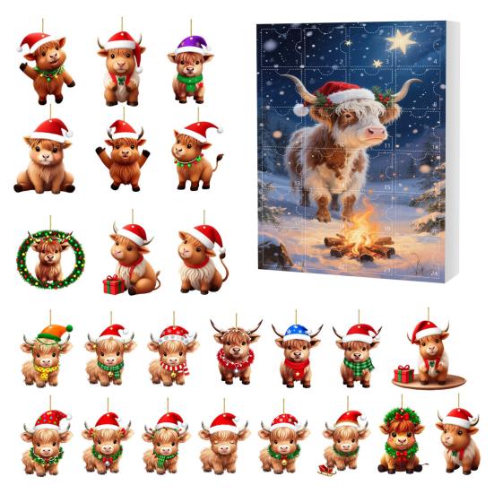 Scottish Highland Cow Advent Calendar Christmas 24 Days Funny Cow Countdown 2D Design Holiday