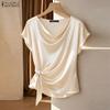 Women Elegant Round Neck Lace-Up Casual Short Sleeve Blouse