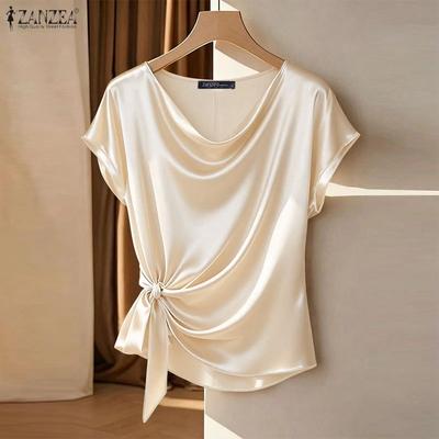 Women Elegant Round Neck Lace-Up Casual Short Sleeve Blouse