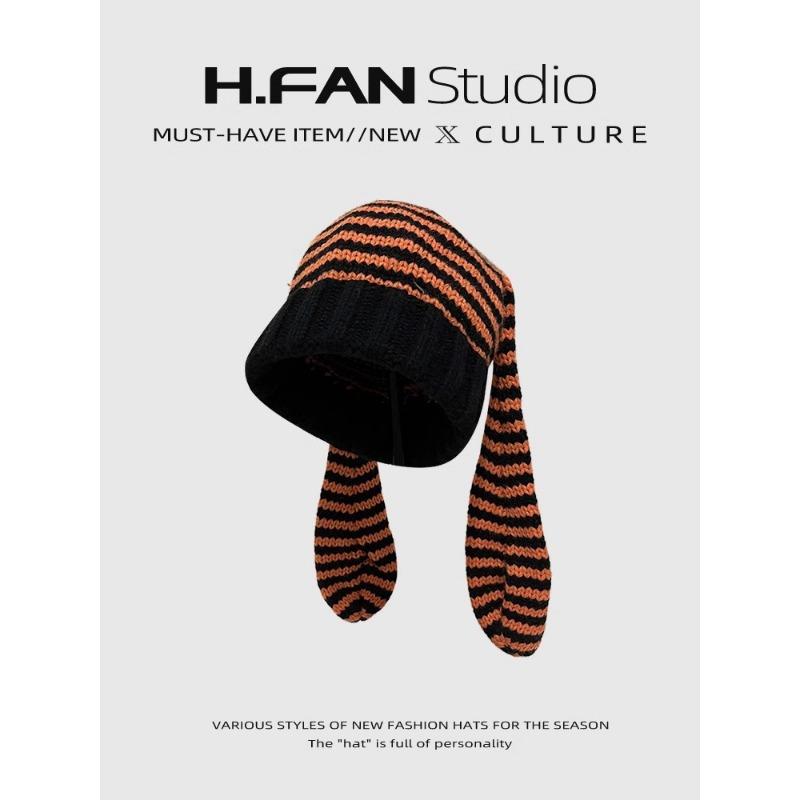 

Корейская версия осенне-зимней шапки для женщин, универсальная милая шапка из вязаной шерсти в полоску с кроличьими ушками, японская зимняя теплая шапка для защиты ушей One Size