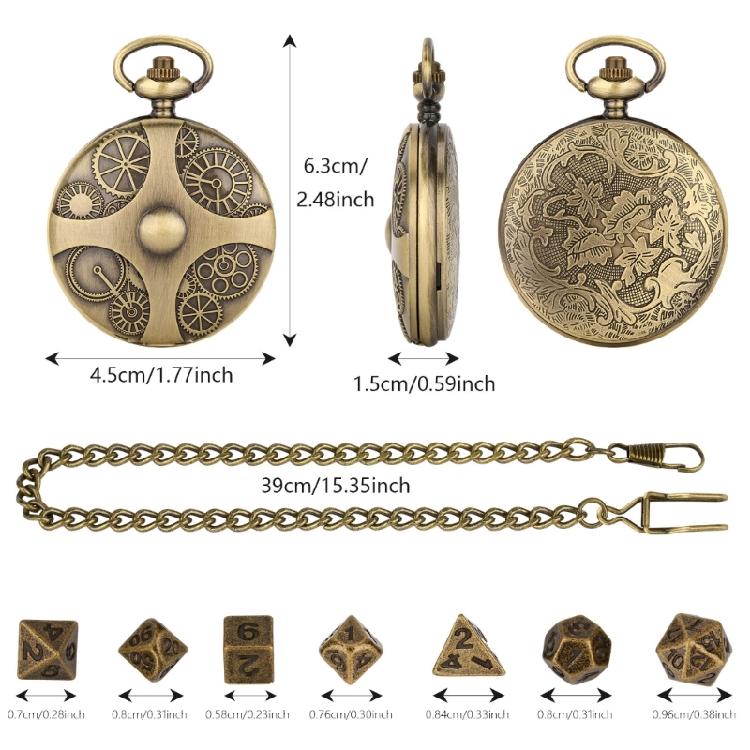 Unique Pocket Watch Case with 7pcs/set Metal Polyhedral Dices Pendant Fob Chain