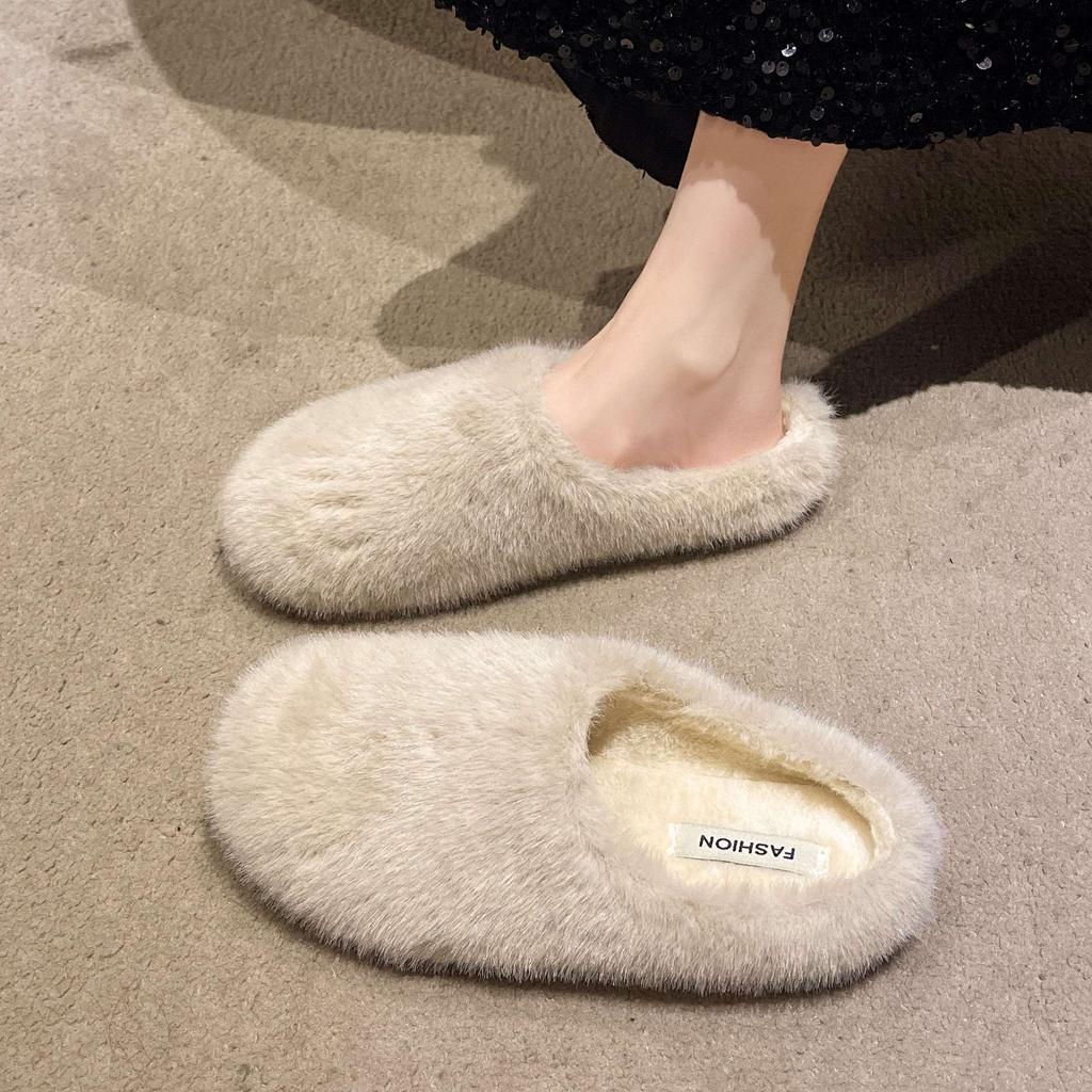 Korean Version of Lamb Wool Slippers Women's 2025 Winter New Outer Wear Flat-bottomed Lazy Velvet Bag Head Half-drag Muller Shoes