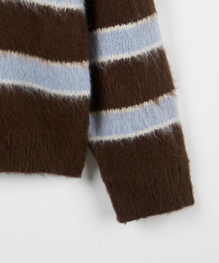 NODU Open Collar Striped Brush Knit [Brown]
