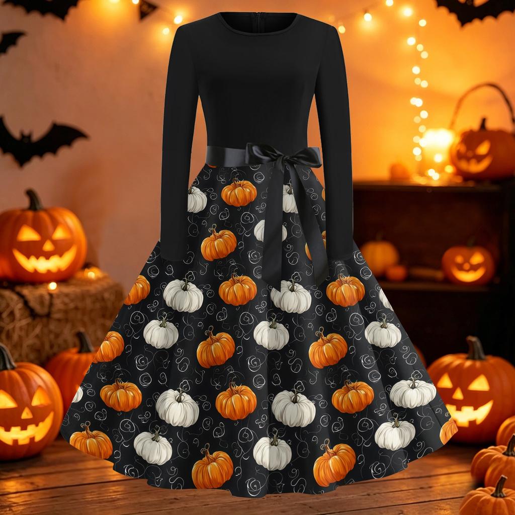 Women's Vintage Round Neck Dress with Halloween Print for Casual Fall Outings