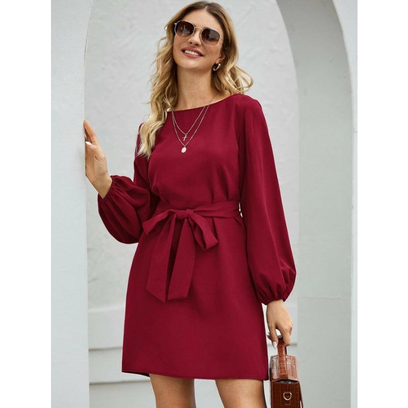 Spring and Autumn Women's Mid-length Long Pure Colour Temperament Commuting Thin Set Head High Waist Dress