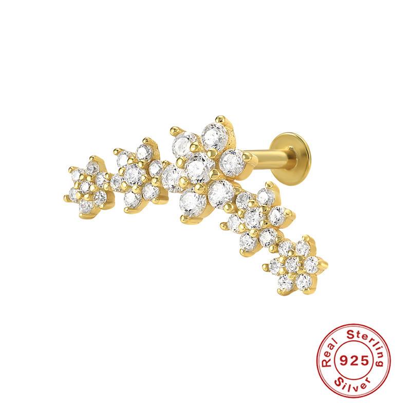 S925 Sterling Silver Five-Petaled Flower Flat Head Internal Thread Puncture Cartilage Stud Earrings, Earrings, Ab Colored Diamond Earrings