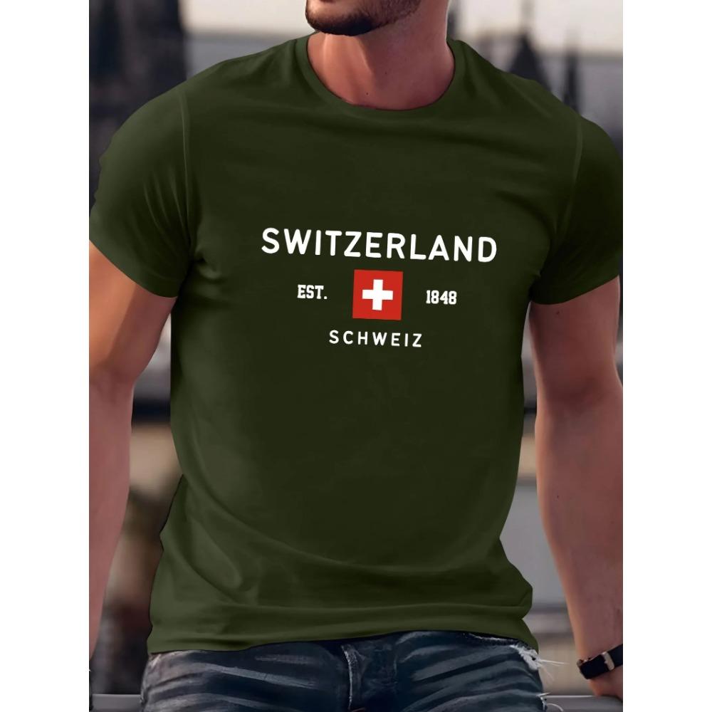 Summer Men's Casual Loose Plus Size Switzerland Pattern Printed Round Neck Short Sleeve Tee T-Shirt Top 2025