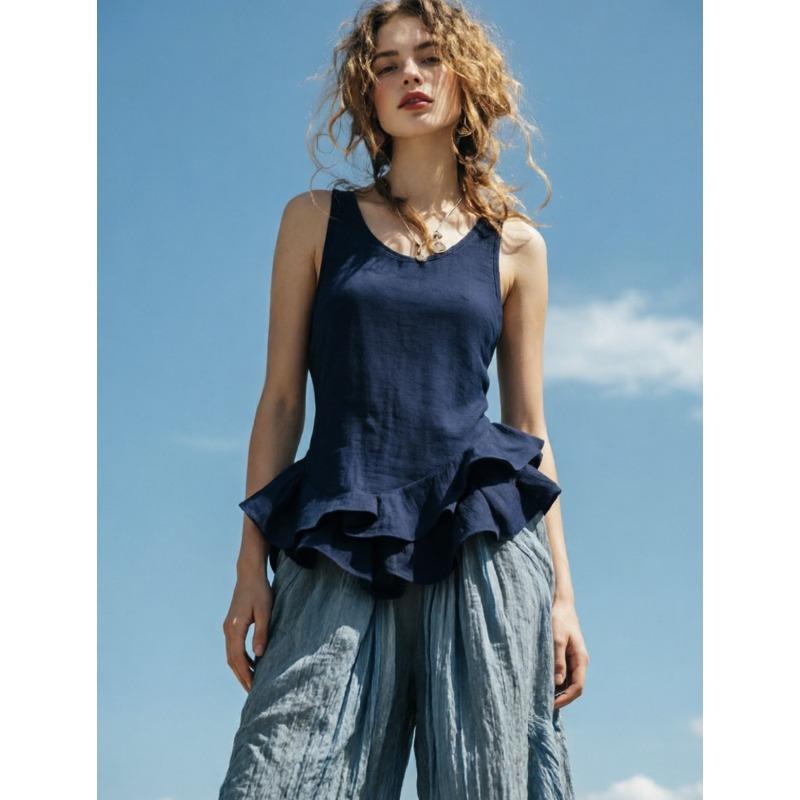 Women Ruffle Hem Tank Top Sleeveless Round Neck Casual Solid Color Flowy Peplum Blouse