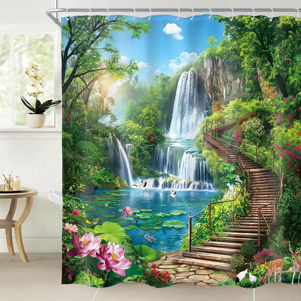 Waterfall Shower Curtain Rustic Floral Butterfly Fantasy Forest Tropical Plant Lake Nature Landscape Bathroom Decor With Hooks