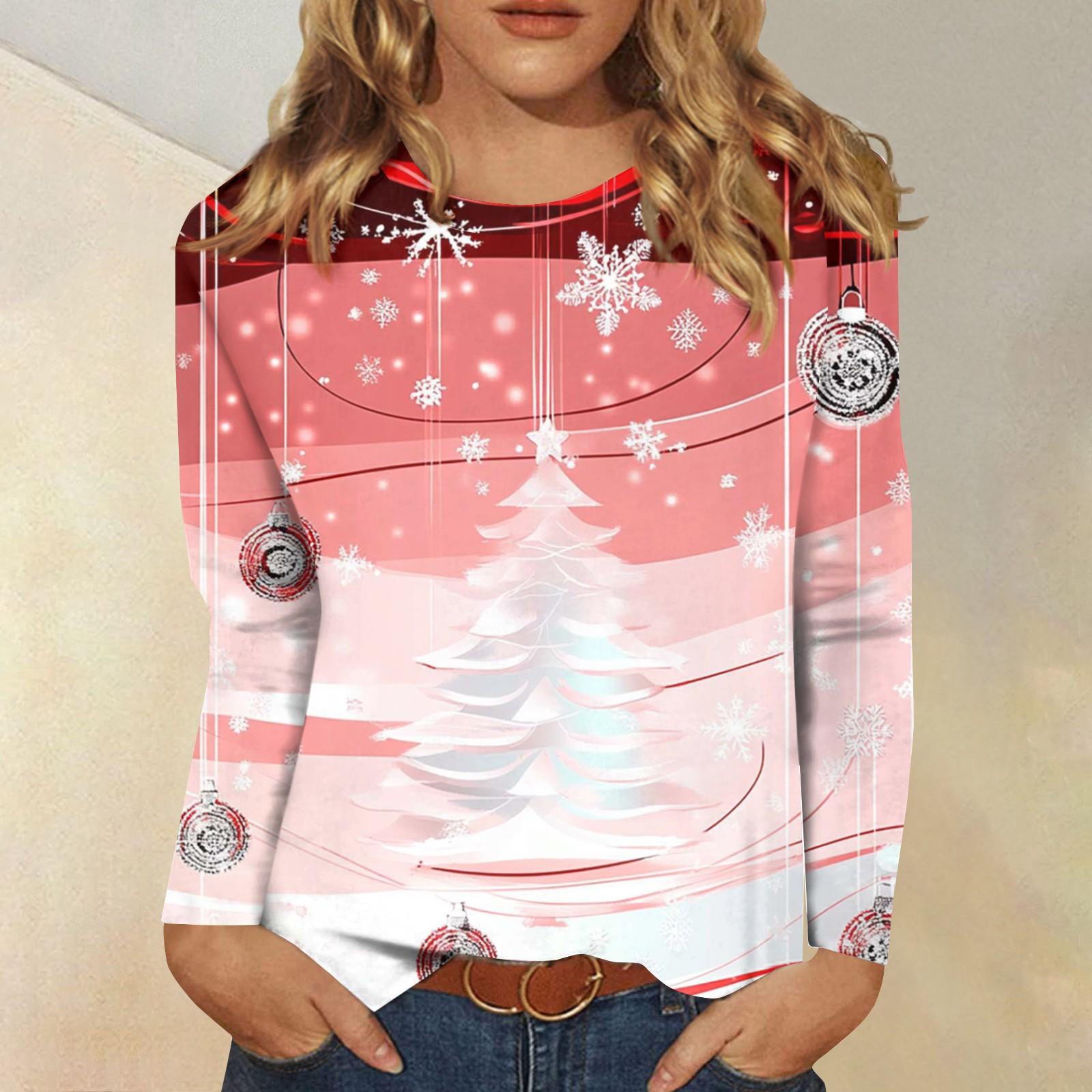 

Женская модная повседневная футболка с длинным рукавом и рождественским принтом, с круглым вырезом XL розовый